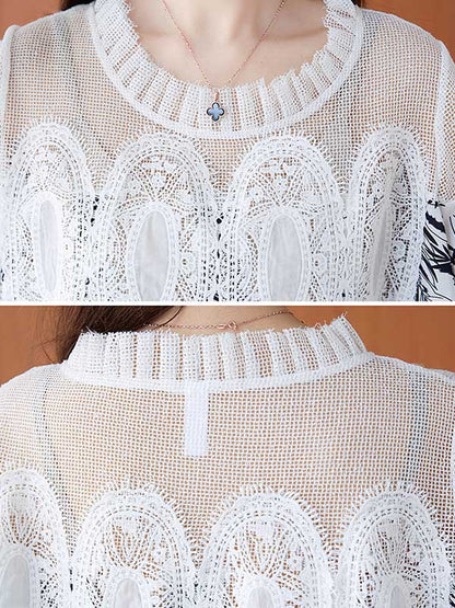 Stylish Linen Printed Split-Joint Round-Neck Lace Short Sleeves Mini Dress