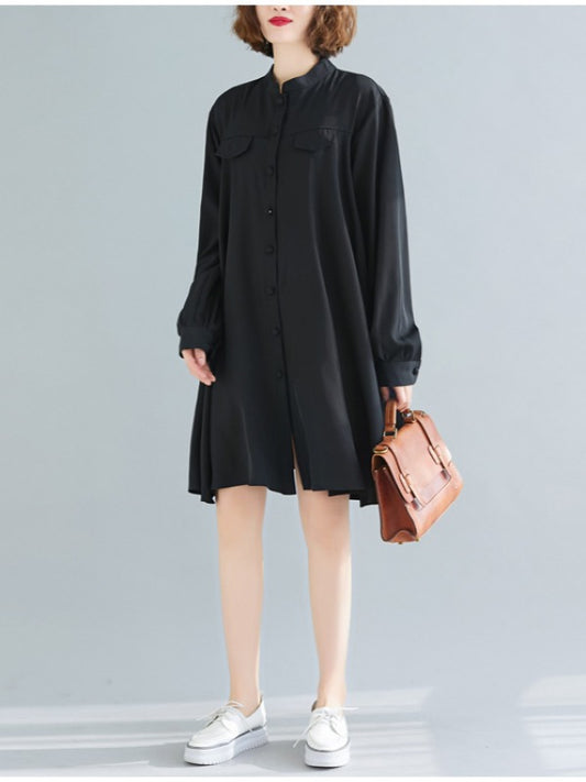 Loose Solid Color Cropped Medium-Length Shirt Dress