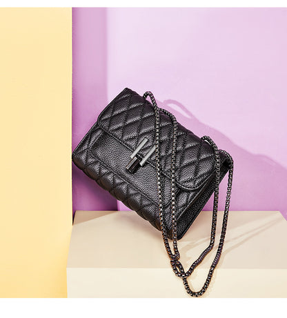 Lingge chain, lychee pattern, head layer, cow leather bag