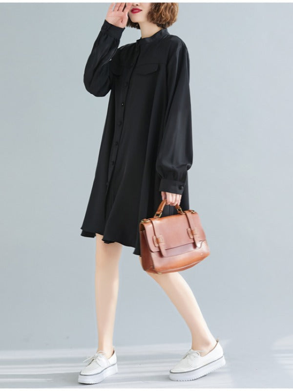 Loose Solid Color Cropped Medium-Length Shirt Dress
