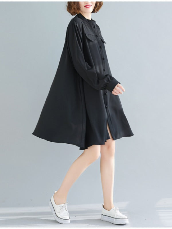Loose Solid Color Cropped Medium-Length Shirt Dress