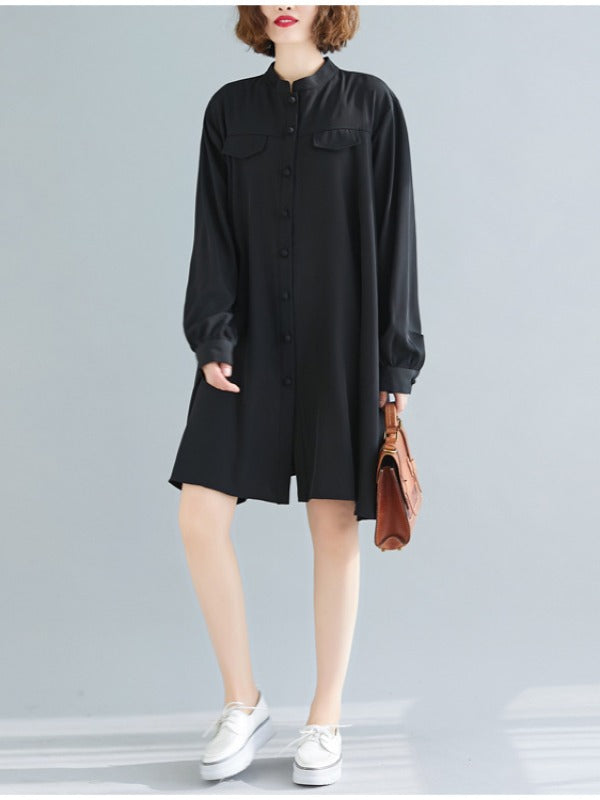 Loose Solid Color Cropped Medium-Length Shirt Dress