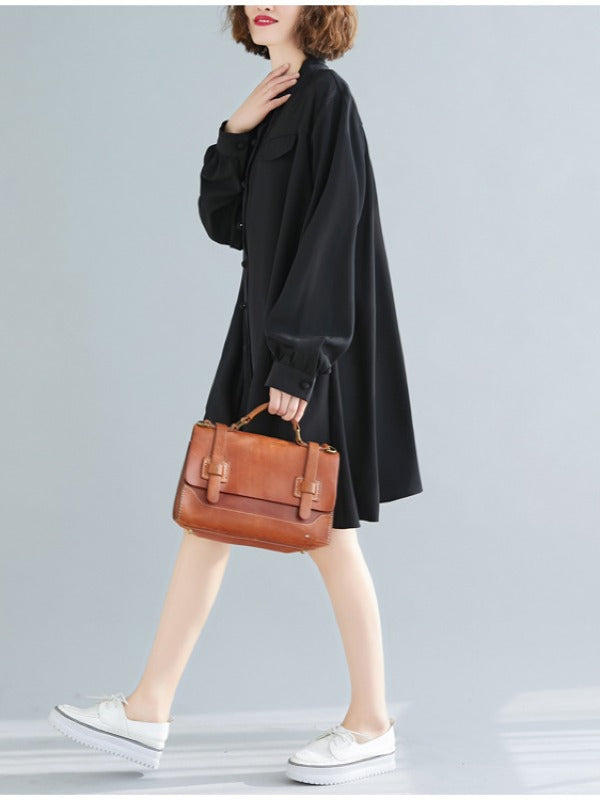 Loose Solid Color Cropped Medium-Length Shirt Dress