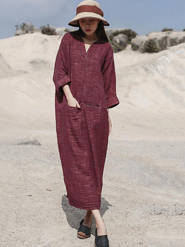 Artistic Retro Solid V-Neck Dress