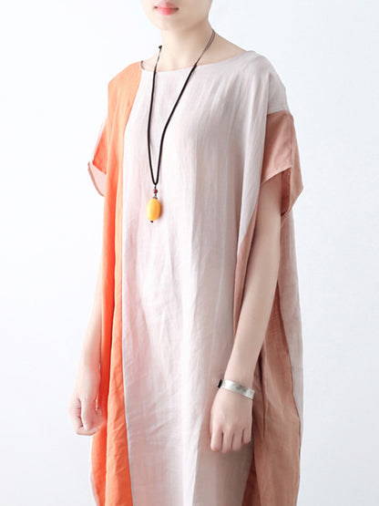 Original Linen Split-Joint Contrast Color Round-Neck Batwing Sleeve Midi Dress