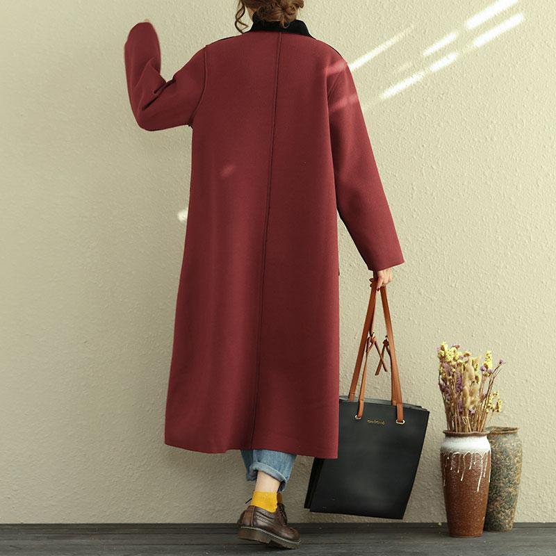 Casual Polo Collar Long Sleeve Red Women Woolen Coat