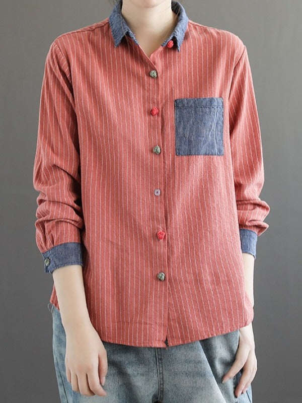 Splicing Patch Striped Shirt