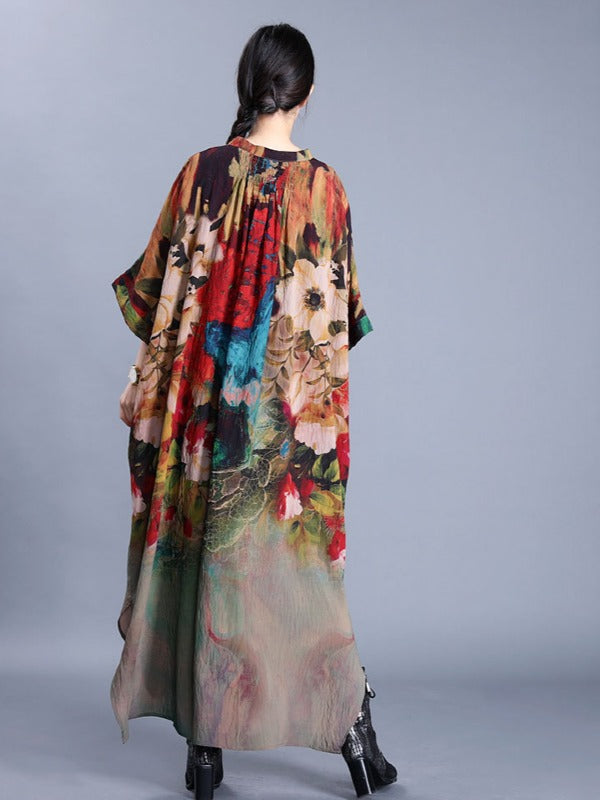 LOOSE PRINTED SILK SPLIT-SIDE MAXI DRESS