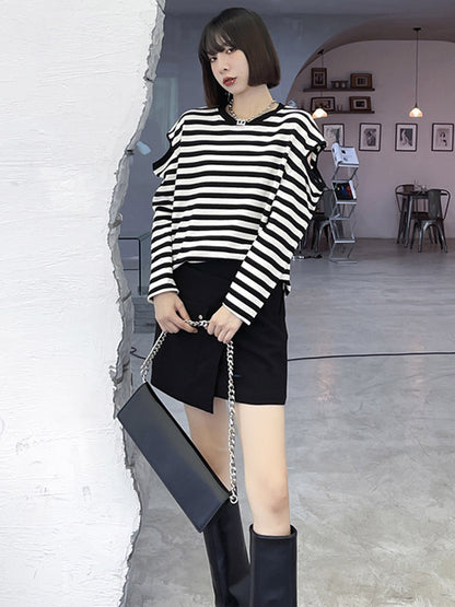Original Stylish Striped Hollow Cold Shoulder Long Sleeves T-Shirt Tops