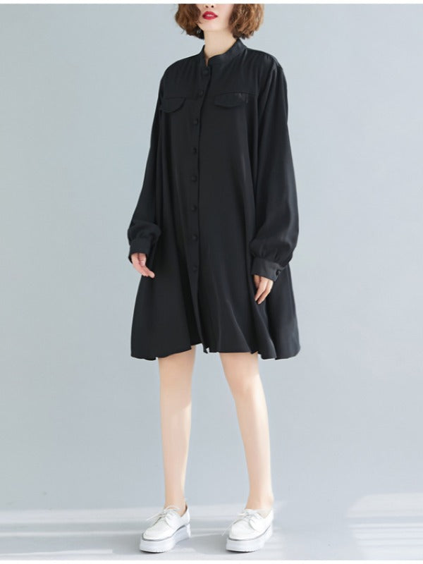 Loose Solid Color Cropped Medium-Length Shirt Dress