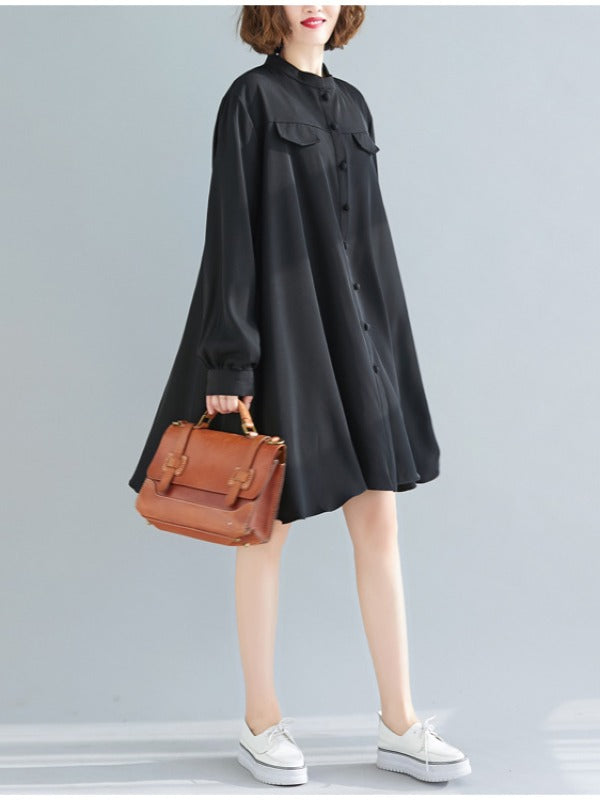 Loose Solid Color Cropped Medium-Length Shirt Dress
