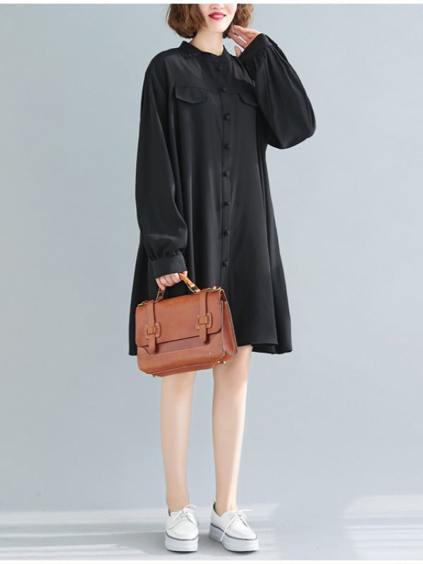 Loose Solid Color Cropped Medium-Length Shirt Dress