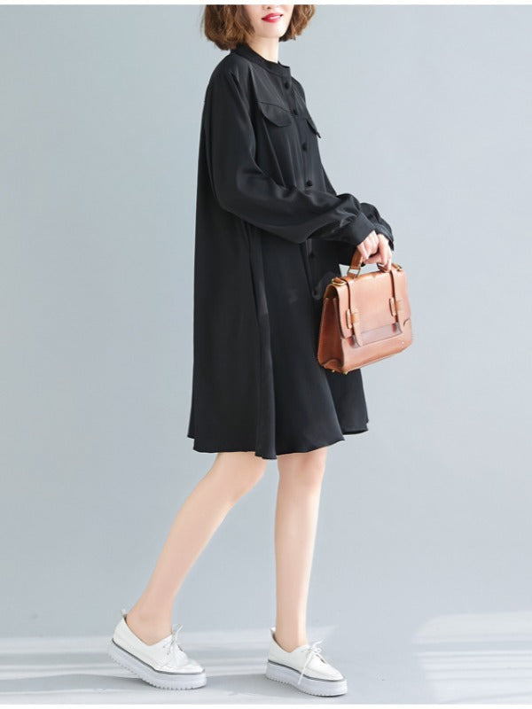 Loose Solid Color Cropped Medium-Length Shirt Dress