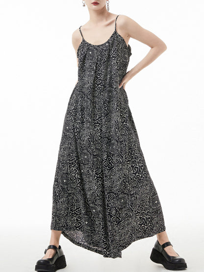 Original Loose Black Printed Spaghetti-Neck Wide Leg Jumpsuits