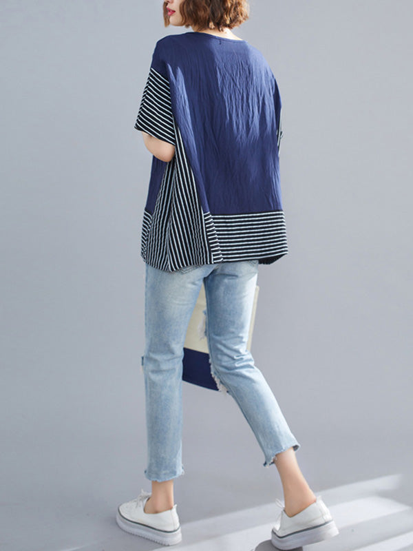 Vintage Ramie Cotton Striped Split-Joint Batwing Sleeves Round-Neck T-Shirt