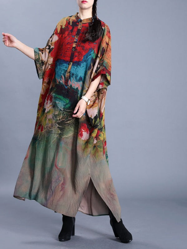 LOOSE PRINTED SILK SPLIT-SIDE MAXI DRESS