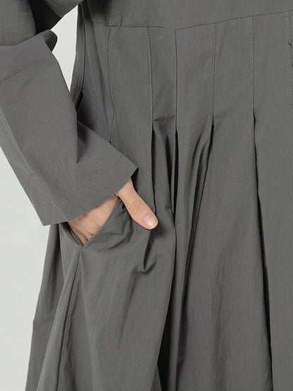 Casual Solid Color Buttoned Pleated Lapel Collar Long Sleeves Midi Dress