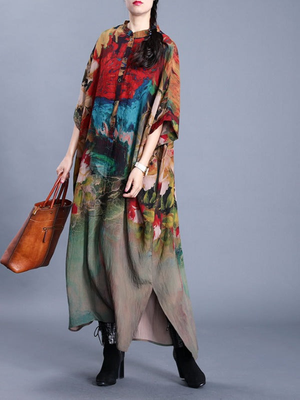 LOOSE PRINTED SILK SPLIT-SIDE MAXI DRESS