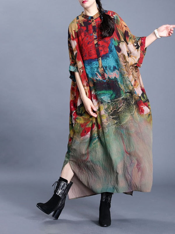 LOOSE PRINTED SILK SPLIT-SIDE MAXI DRESS