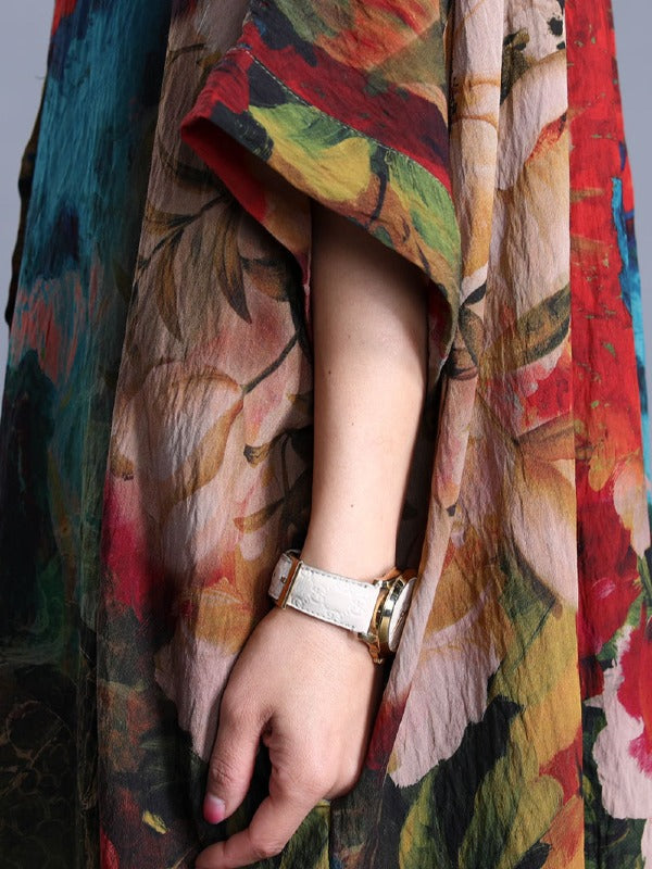 LOOSE PRINTED SILK SPLIT-SIDE MAXI DRESS