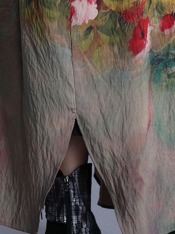 LOOSE PRINTED SILK SPLIT-SIDE MAXI DRESS