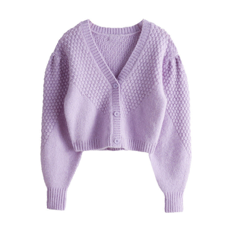PURPLE VINTAGE PUFF SLEEVE V-NECK OUTWEAR