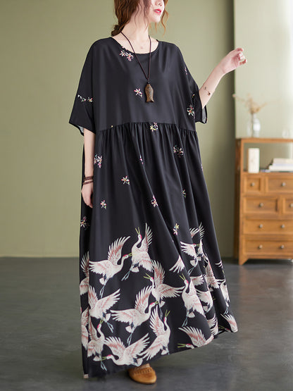 Stylish Crane Print Split-Joint Pleated Half Sleeves Maxi Dress