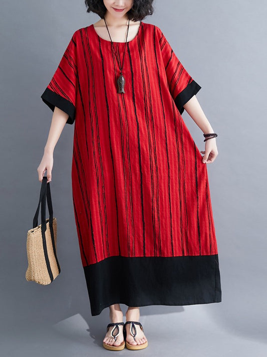 LOOSE STRIPED SPLIT-JOINT COTTON DRESS