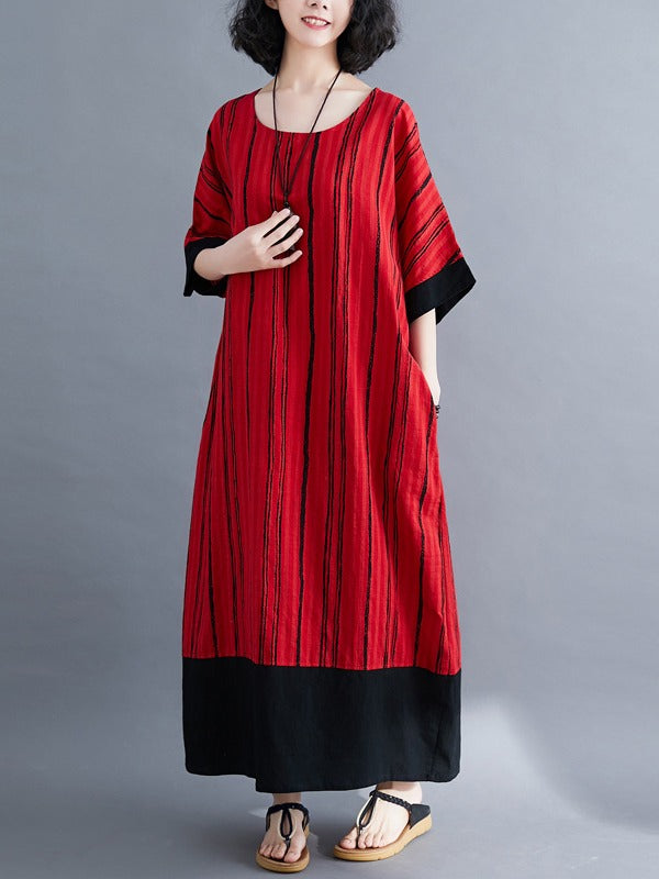 LOOSE STRIPED SPLIT-JOINT COTTON DRESS