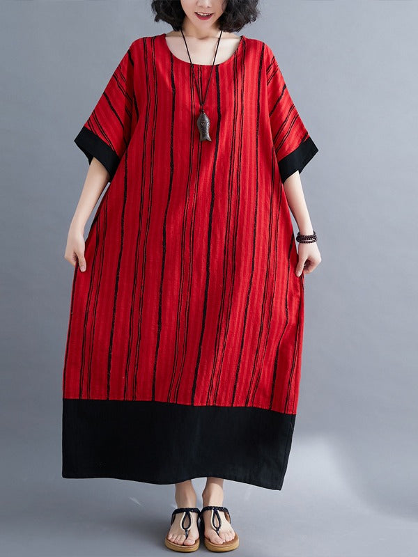 LOOSE STRIPED SPLIT-JOINT COTTON DRESS