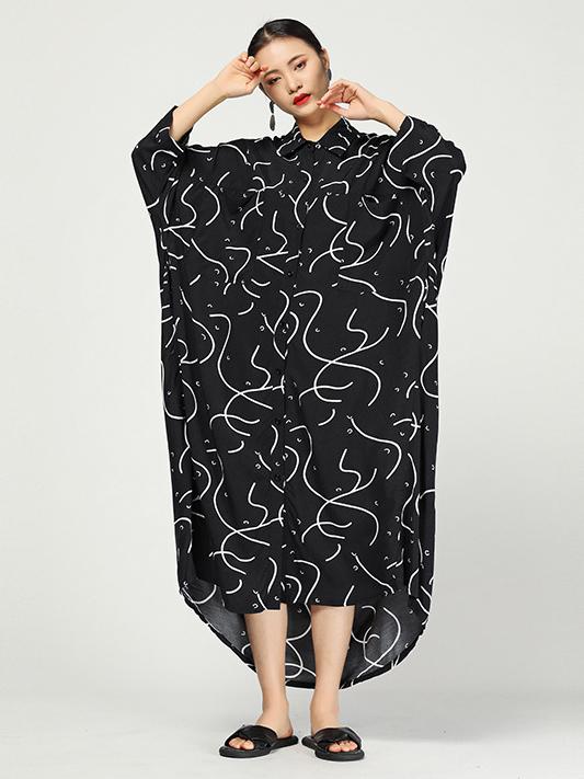 Original Ramie Cotton Printed Lapel Long Blouse Dress