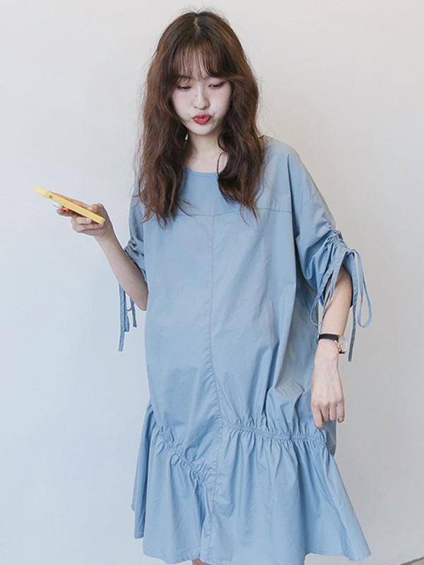 Maternity Solid Half Sleeves Round-neck Midi Dress