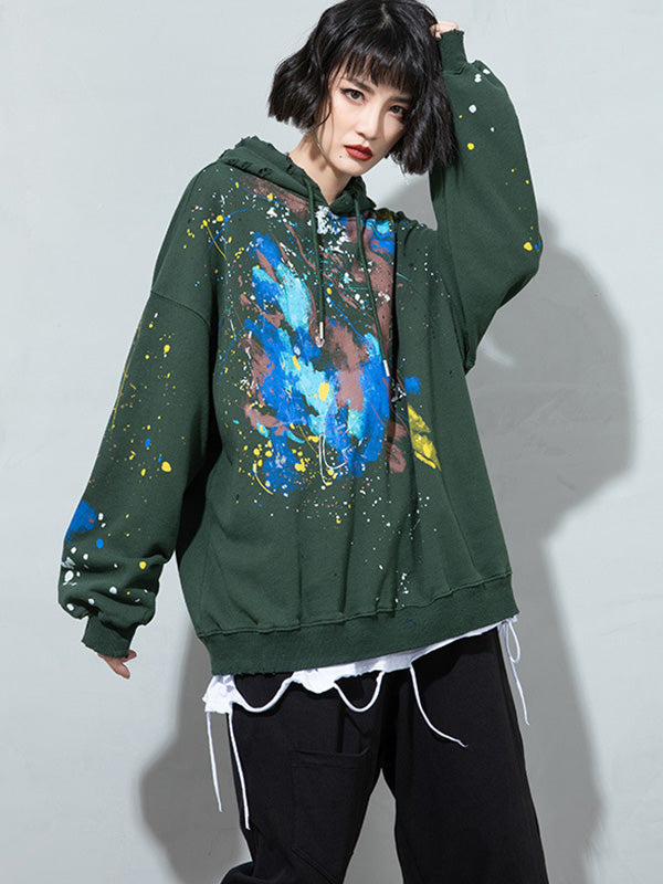 Fashion Printed Split-Joint Drawstring Hoodies Top