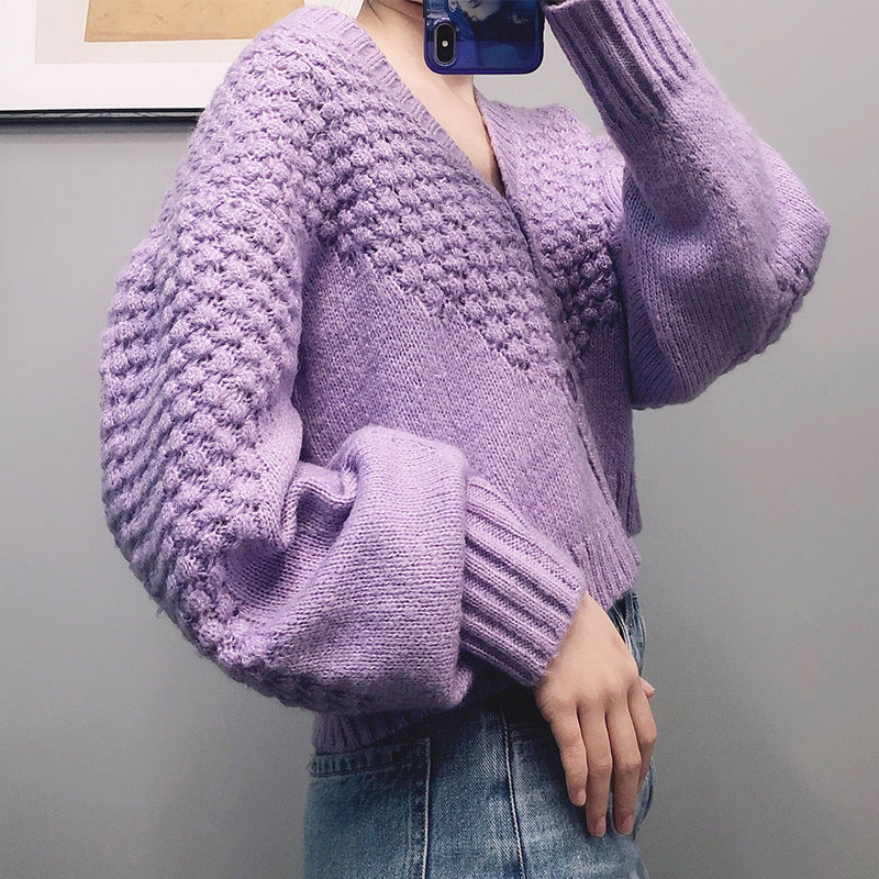 PURPLE VINTAGE PUFF SLEEVE V-NECK OUTWEAR
