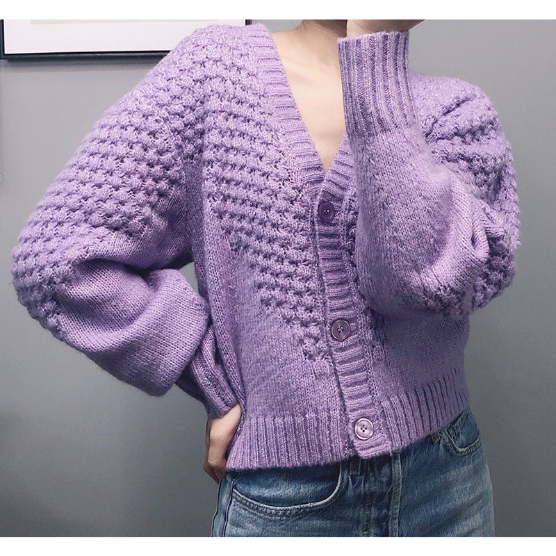 PURPLE VINTAGE PUFF SLEEVE V-NECK OUTWEAR