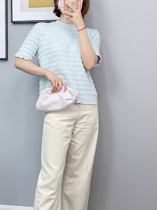 KNIT ROUND NECK PLEATED PUFF SLEEVE T-SHIRT