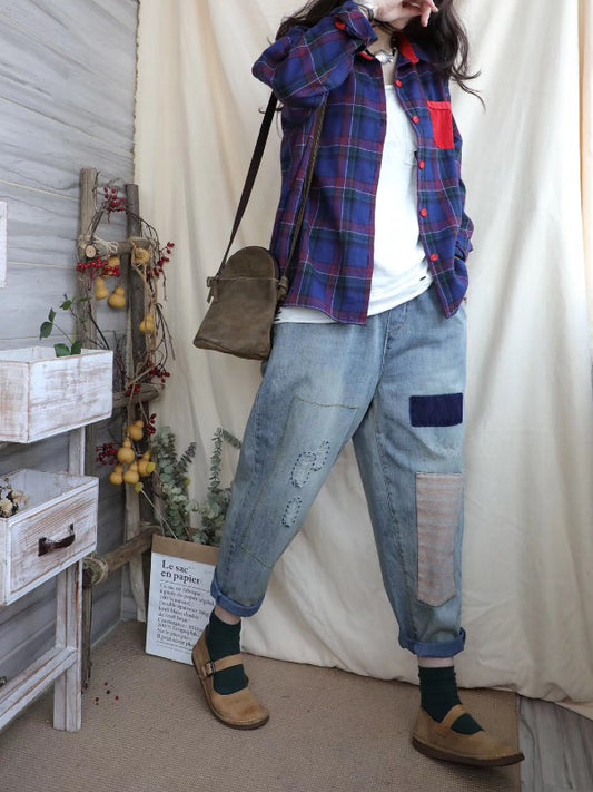 LOOSE ELASTIC WAIST SPLIT-JOINT JEAN PANTS