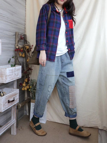LOOSE ELASTIC WAIST SPLIT-JOINT JEAN PANTS