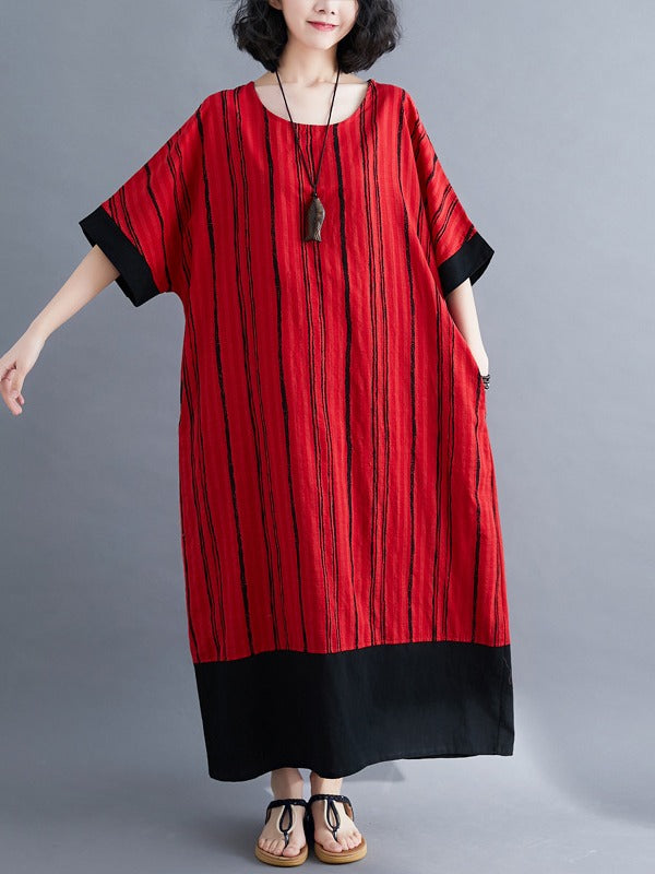 LOOSE STRIPED SPLIT-JOINT COTTON DRESS