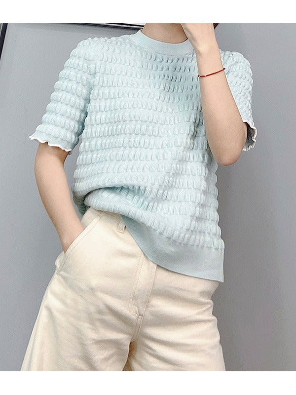 KNIT ROUND NECK PLEATED PUFF SLEEVE T-SHIRT