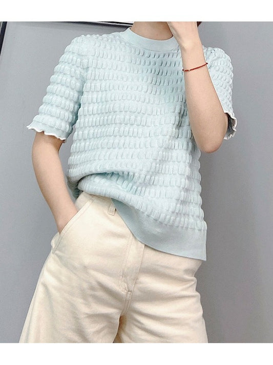 KNIT ROUND NECK PLEATED PUFF SLEEVE T-SHIRT