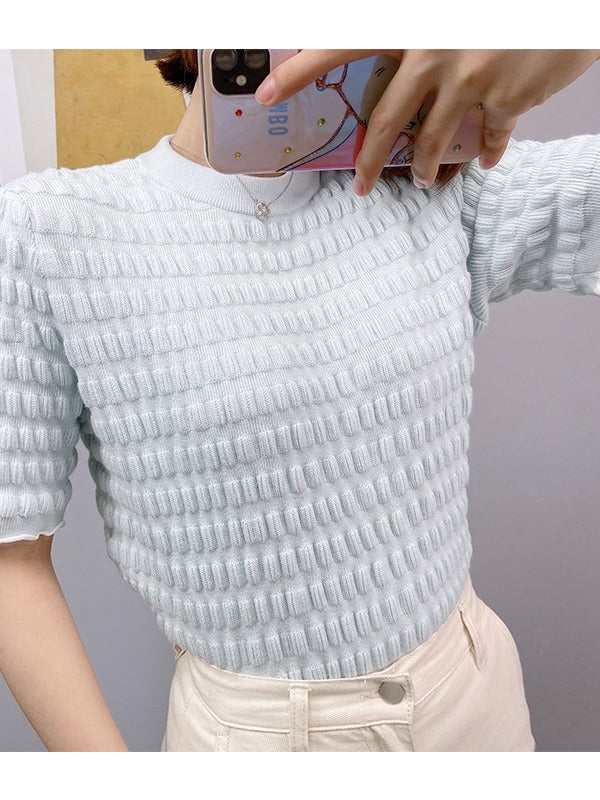 KNIT ROUND NECK PLEATED PUFF SLEEVE T-SHIRT