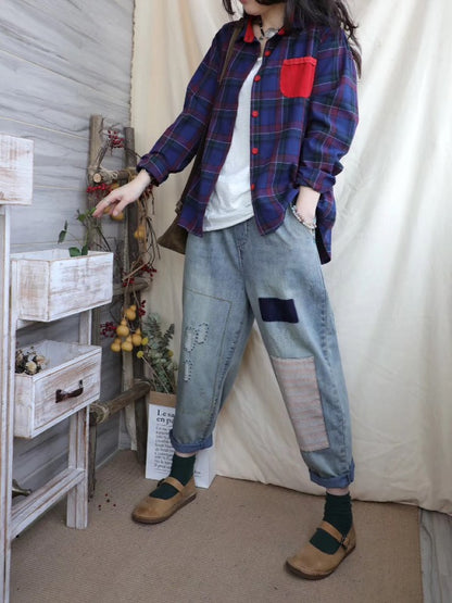 LOOSE ELASTIC WAIST SPLIT-JOINT JEAN PANTS