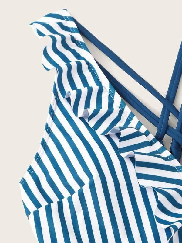 Striped Print Falbala Backless One-Piece Swimwear