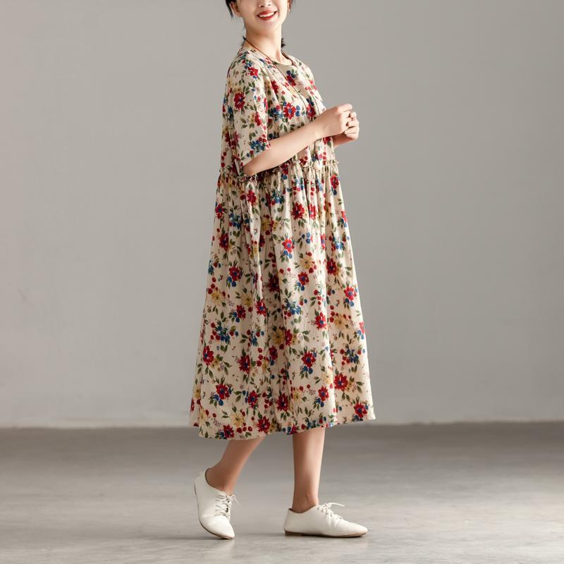 Casual Short Sleeve Pockets Floral Lacing Pleated Dress