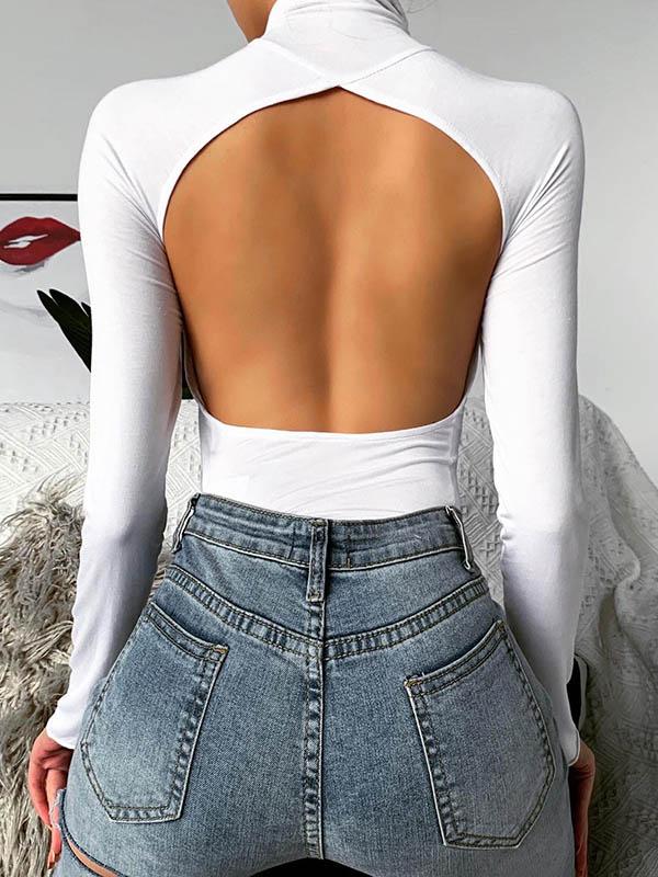 Solid Wrap High-Neck Backless Shirt