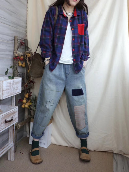 LOOSE ELASTIC WAIST SPLIT-JOINT JEAN PANTS