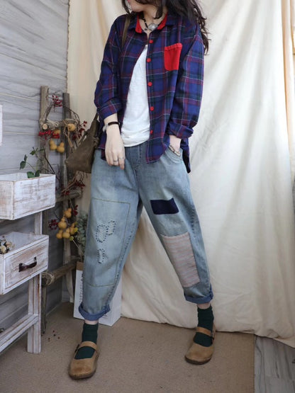 LOOSE ELASTIC WAIST SPLIT-JOINT JEAN PANTS