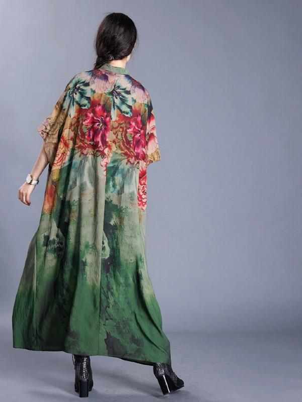 Loose Ethnic Print Silk Short Sleeve Midi Dress