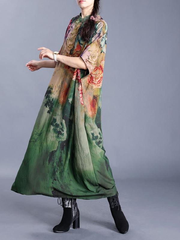 Loose Ethnic Print Silk Short Sleeve Midi Dress